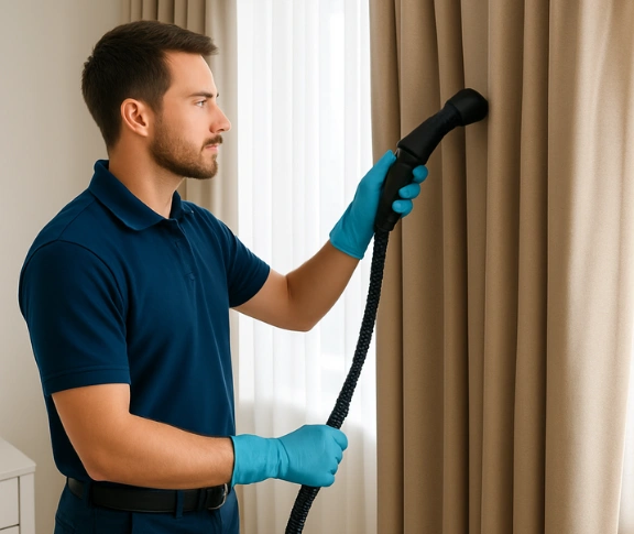 On-site curtain cleaning in progress